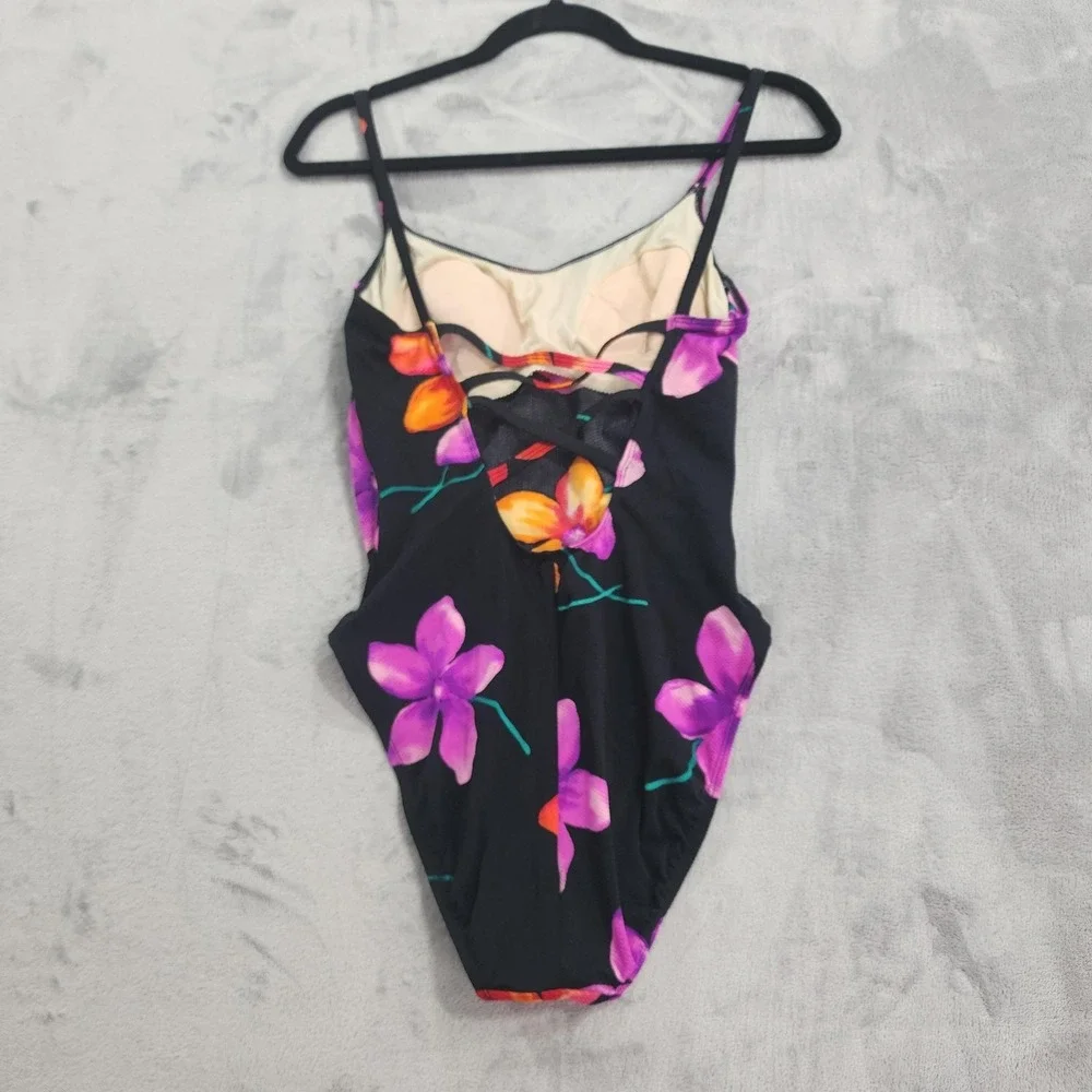 Vintage Beach Cabana Swimsuit M Black Floral One‎ Piece Padded Lined Stretch